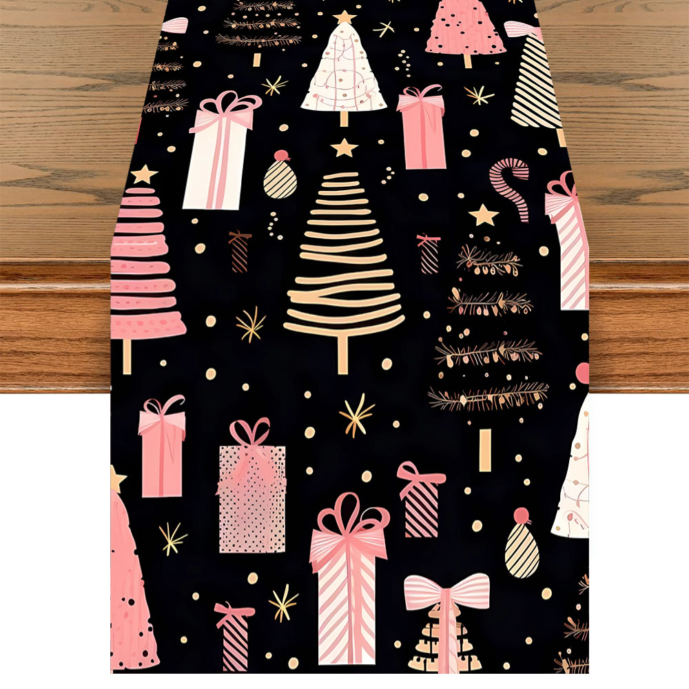 Christmas Table Runner - クリスマス テーブルランナー ピンク クリスマスツリー ギフトボックス柄 ポリエステル製テーブルクロス