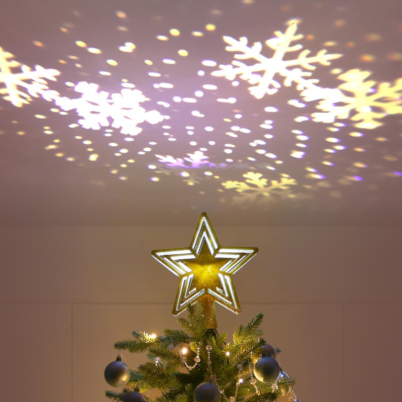 Star Tree Topper - LEDプロジェクションツリートッパー スター ゴールデンペンタグラム スノーフレーク付き アニメーションクリスマスツリーデコレーション 光るプロジェクター
