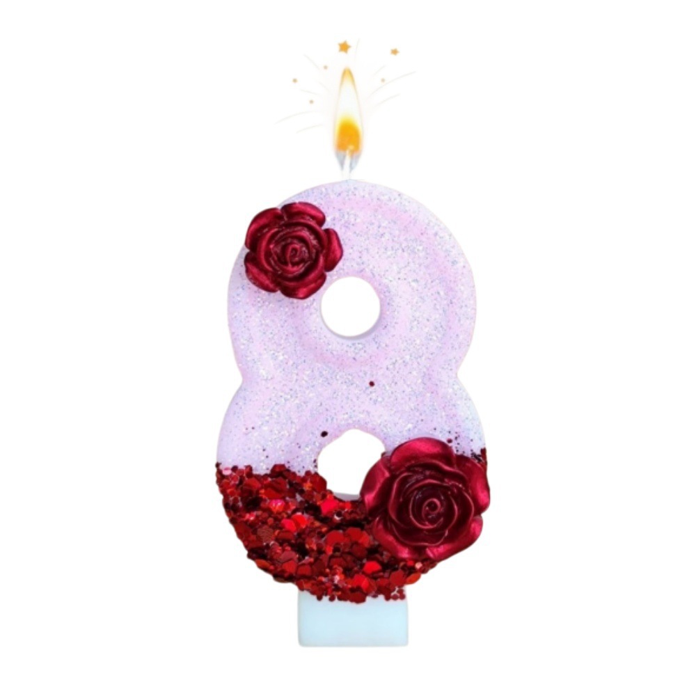ピンクグリッターレッドローズフラワーバースデーキャンドル0  - Holiday Candle Set のレビューと価格